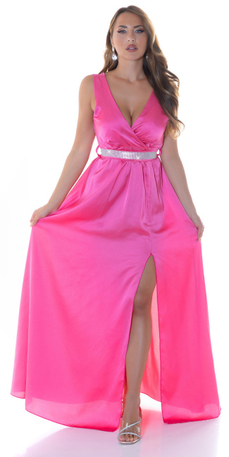 Maxi jurk satijn look met glitter riem roze